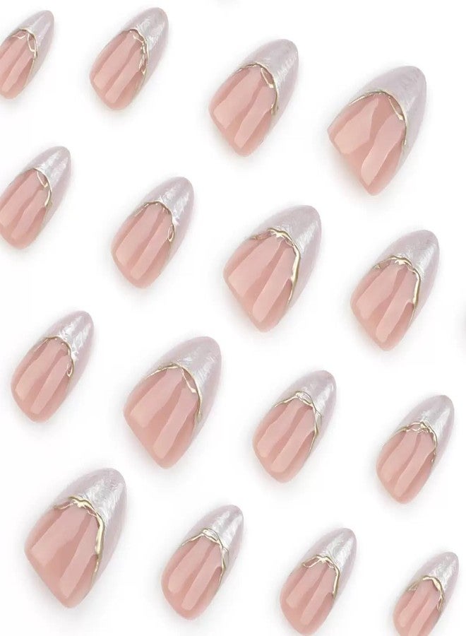 CTTHNBD Press on Nails Short Almond Fake Nails White Ombre False Nails with 3D Gold Line Design Glue on Nails Glossy Full Cover Stick on Nails Elegant Acrylic Nails for Women Manicure 24Pcs - Image 2